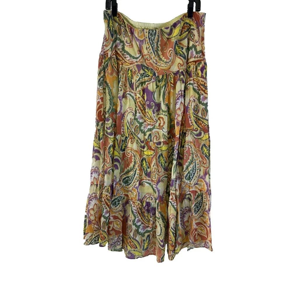 Chaps Maxi Skirt Multicolored Floral Paisley Tiered Cotton Elastic Boho Women XL